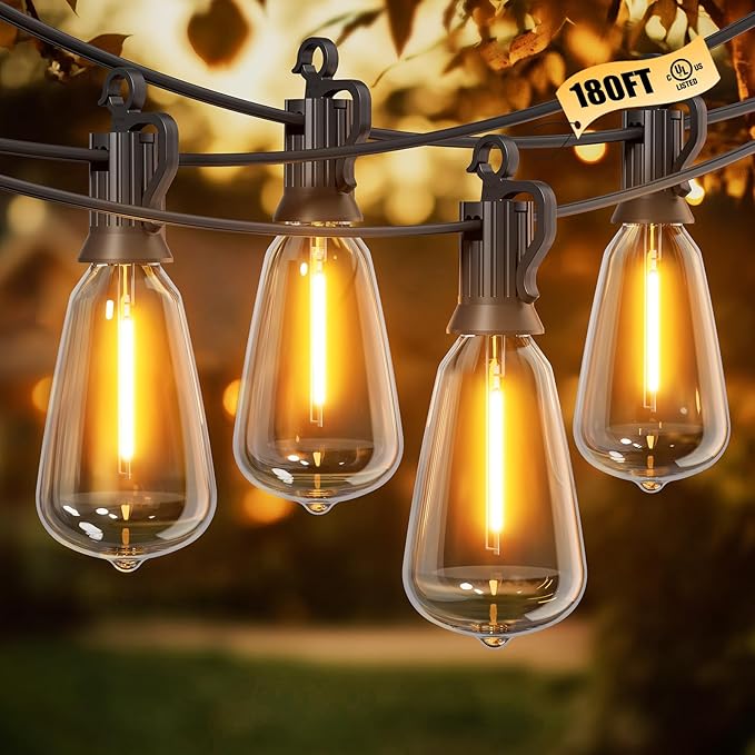 Brightown Outdoor String Lights, 180ft 62 ST38 Shatterproof LED Patio Lights, Dimmable IP65 Waterproof