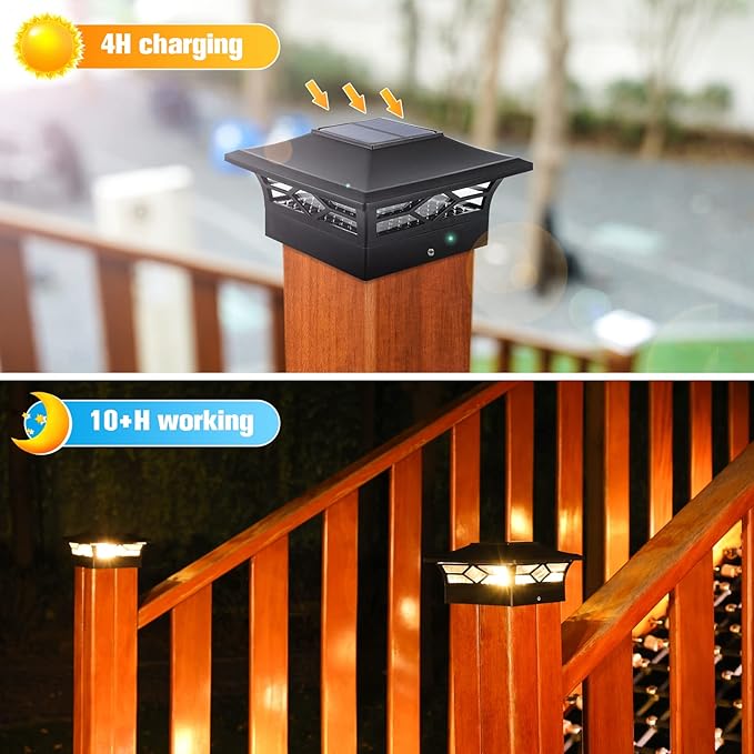 VOLISUN Solar Post Cap Lights: 4 - Pack Outdoor Deck Post Cap Lights Black for Dock Fence Waterproof 2 Color Modes,4x4/6x6 Wooden/Vinyl Posts