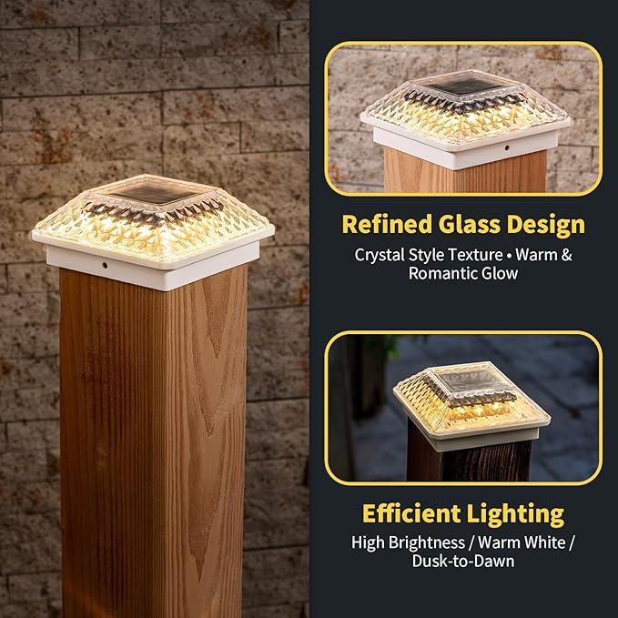 Glass Solar Post Cap Lights with Crystal Style - Decorative Deck Fence Lights for 4x4 5x5 Posts Hidden Solar Panel, Modular Design, 10Hr Runtime, IP65, Warm White, White, 2 Pack
