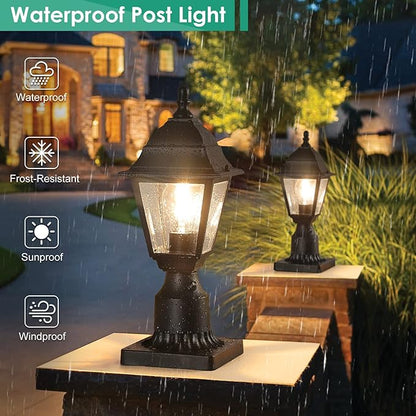 FOLKSMATE Dusk to Dawn Outdoor Post Lights, 2-Pack Waterproof Outside Post Lamps with Pier Mount, Exterior Pole Lantern with Clear Glass, Matte Black Light Fixture for Patio, Garden, Walkway