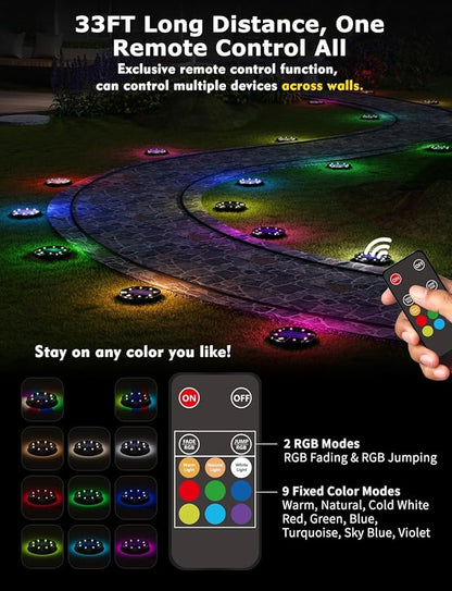 Color Changing Solar Ground Lights with 33ft Long Distance Remote Control - Flat Solar Lights Outdoor Waterproof - Pathway Lights Solar Powered for Yard Decorative Outside Lawn Walkway [12 Pack]