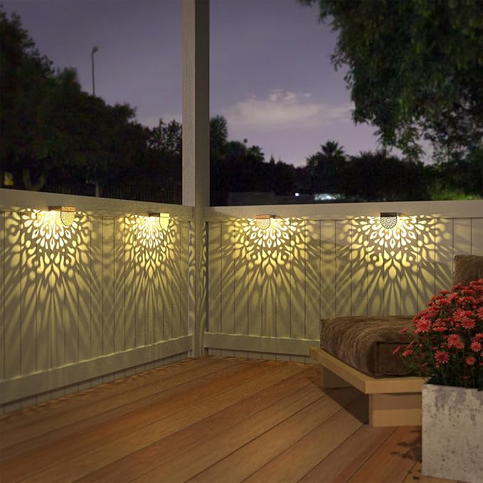 Solar Fence Lights 6 Pack Solar Step Lights Outdoor Waterproof LED Solar Powered Wall Lights Outdoor Decorations Warm Yellow Light Decorative Lighting for, Front Door, Backyard (Gold)