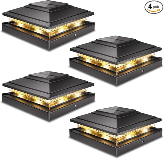 Post Cap Lights Outdoor 4pack, Waterproof Fence Post Solar Lights for 4x4 5x5 6x6 Wood/Vinyl Posts, Black Solar Deck Post Lights with 2 Color Modes Decorate Garden Patio Porch Backyard