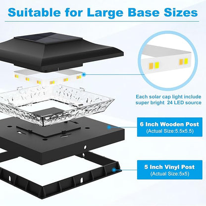 4 Pack Solar Post Cap Lights Outdoor, 2 Modes (Warm/White Light) Black Fence Post Solar Powered Lights Waterproof for 5x5, 5.5x5.5, 6x6 Wooden/Vinyl Posts Decorate Garden Deck Patio Porch