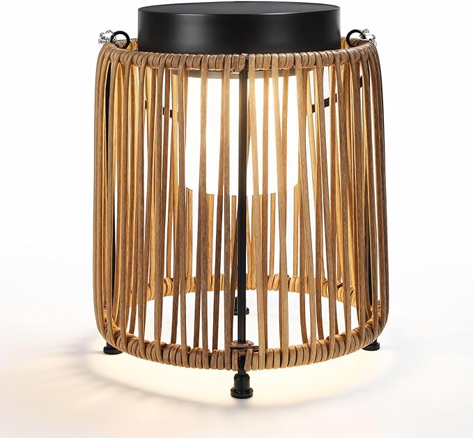 Solar Lanterns Outdoor Waterproof IP54, Handwoven Wicker Outdoor Table Lamps Portable Rechargeable with 30H+ Runtime, Dual USB-C/Solar Charging Hanging Lantern, 3 Brightness Levels