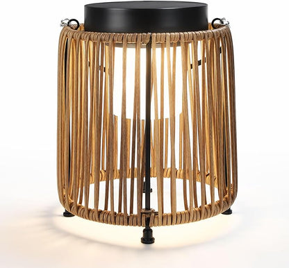 Solar Lanterns Outdoor Waterproof IP54, Handwoven Wicker Outdoor Table Lamps Portable Rechargeable with 30H+ Runtime, Dual USB-C/Solar Charging Hanging Lantern, 3 Brightness Levels