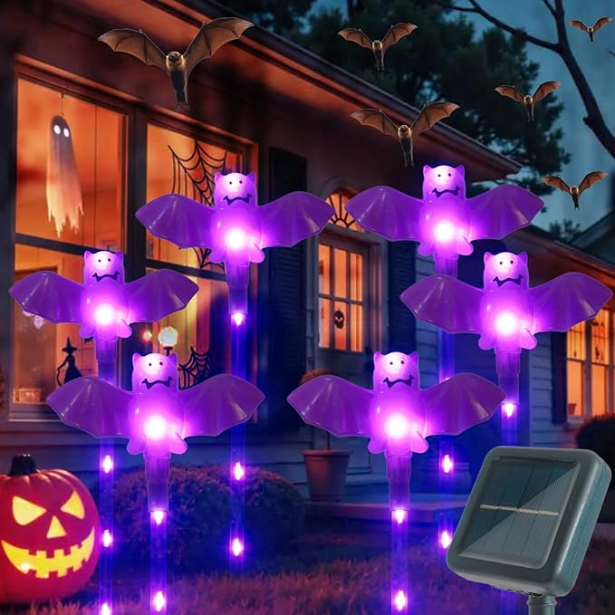Halloween Decorations Outdoor Solar Bat Garden Lights,6 Pack 56LED Solar Halloween Bats Lights, Waterproof Solar Pathway Lights for Outside Patio Yard Lawn Grave Party Gifts Decor Purple