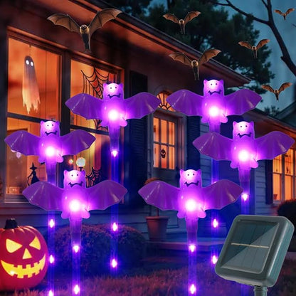 Halloween Decorations Outdoor Solar Bat Garden Lights,6 Pack 56LED Solar Halloween Bats Lights, Waterproof Solar Pathway Lights for Outside Patio Yard Lawn Grave Party Gifts Decor Purple