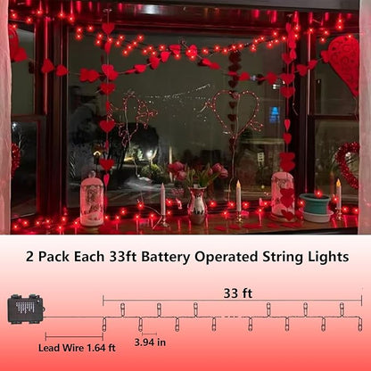 YEGUO Valentine’s Day String Lights Battery Operated, 2 Pack Each 33ft 100 LED Red Christmas Lights Outdoor Waterproof, Green Wire Fairy Light Indoor with Remote
