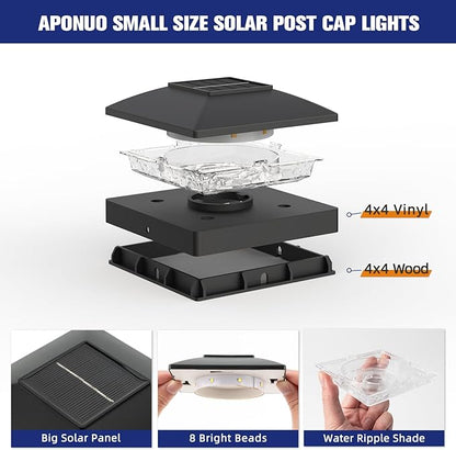 APONUO Solar Post Cap Lights for 4x4 Posts - IP64 Waterproof, 6500K LED, No-Wire Fence Lights & Deck Lights for Patio Garden Yard Patio, Black-Cool White, 6 Pack
