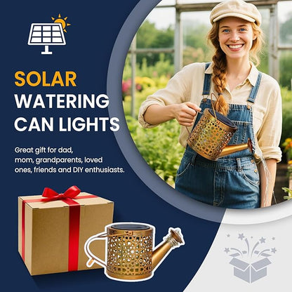 Solar Lights Outdoor Decorative, 2 Pack Metal Watering Can Lights Outdoor Waterproof, Small Patio Light Yard Lawn Pathway Decor, Gardening Gifts for Women Mom Grandma