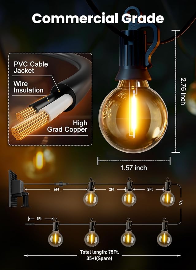 Brightown 75ft Solar String Lights, 36 Shatterproof LED Bulbs with Remote Control, Outdoor Patio & Cafe Lights