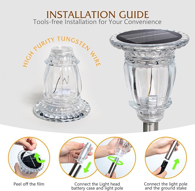 Solar Pathway Lights Outdoor 6 Pcs, Warm White Incandescent Solar Garden Lights, 17.5" Waterproof & Solar Powered Outdoor Lights, Glass and Stainless Steel Tungsten Walkway Light, Driveway Lawns