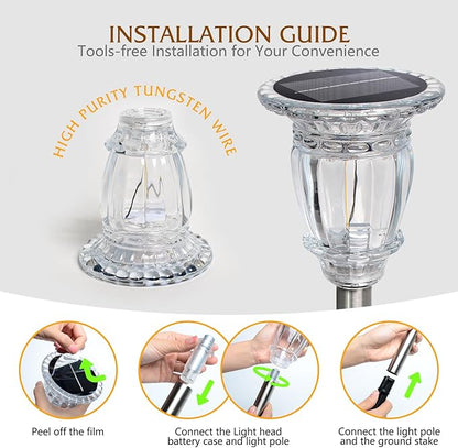 Solar Pathway Lights Outdoor 6 Pcs, Warm White Incandescent Solar Garden Lights, 17.5" Waterproof & Solar Powered Outdoor Lights, Glass and Stainless Steel Tungsten Walkway Light, Driveway Lawns