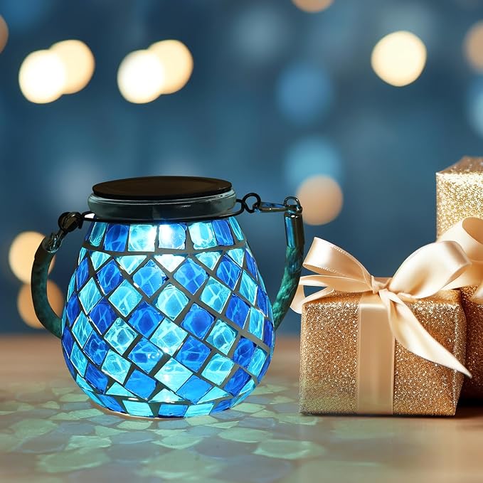 Mosaic Solar Lights Outdoor Lanterns, Decorative Mosaic Glass Solar Lamps Outdoor Waterproof, Hanging Lanterns Night Lights for Garden, Patio, Pathway & Yard Decor (Blue)