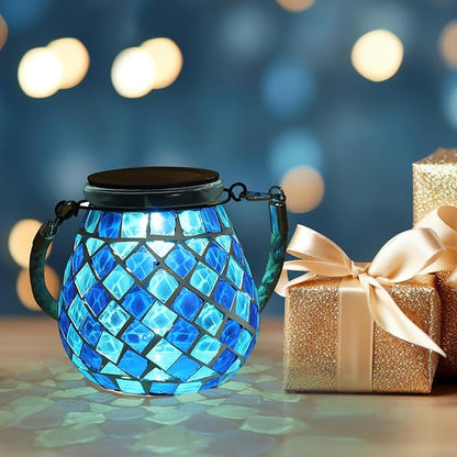 Mosaic Solar Lights Outdoor Lanterns, Decorative Mosaic Glass Solar Lamps Outdoor Waterproof, Hanging Lanterns Night Lights for Garden, Patio, Pathway & Yard Decor (Blue)