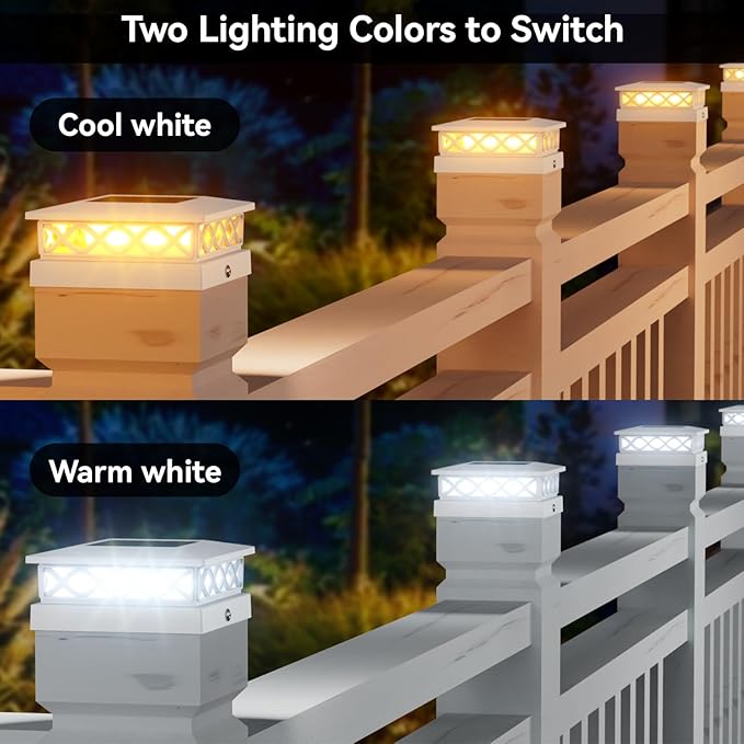 4 Packs Solar Post Cap Lights for Fence and Deck – Auto On/Off Outdoor Lighting, 2 Color Modes with 16 LEDs, Fits 4x4 5x5 6x6 Posts (White)