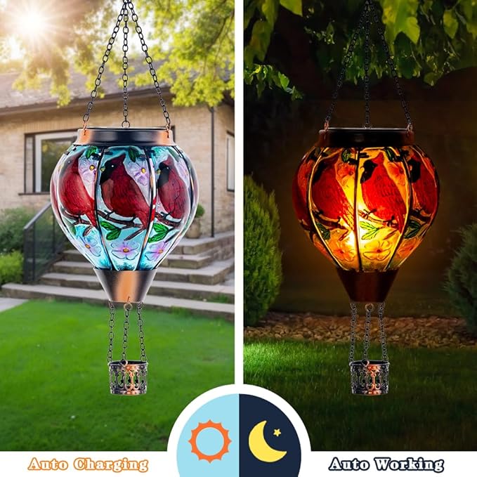 DREAMSOUL Cardinal Hot Air Balloon Solar Lantern, Hanging Solar Lanterns Outdoor with Flickering Flame Light, Glass Outdoor Lantern Waterproof for Patio Yard Party Gift Decor
