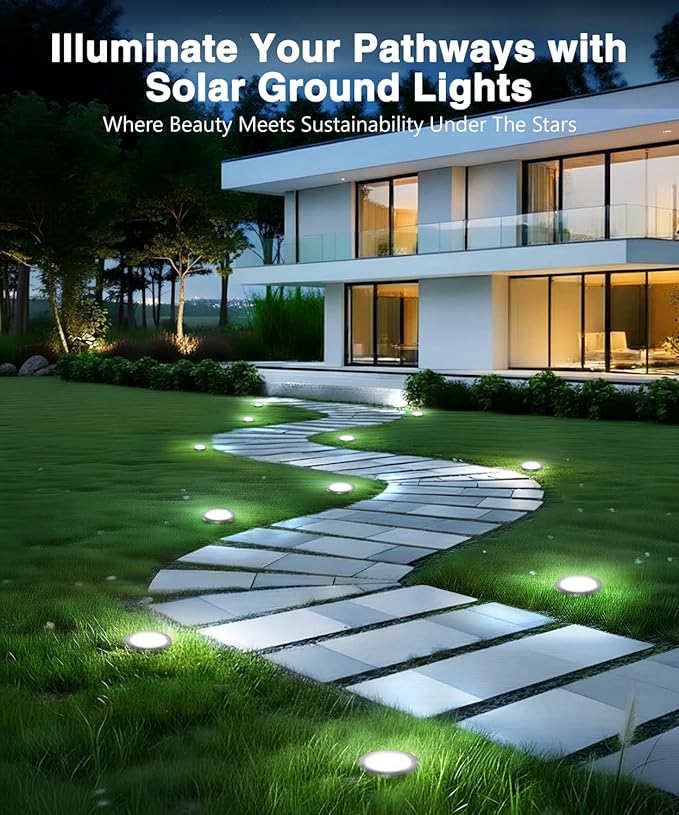 Solar Flat Disk Lights 12-Pack, Waterproof Landscape