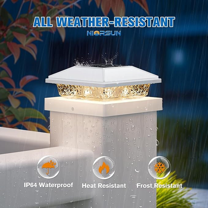NIORSUN Solar Post Lights Outdoor, Fence Post Solar Lights Warm White, Waterproof, Garden Patio Fence Deck Decor, 4x4 Posts Cap Wood Vinyl, 5x5 Vinyl, White 12 Pack