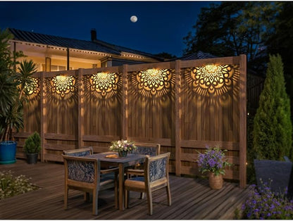 6 Pack Solar Fence Lights Outdoor Wall Lights Gold Plastic Solar Powered Deck Step Stair Lights Mandala Theme Waterproof Fence Solar Light for Garden Post Patio Backyard Yard Decor
