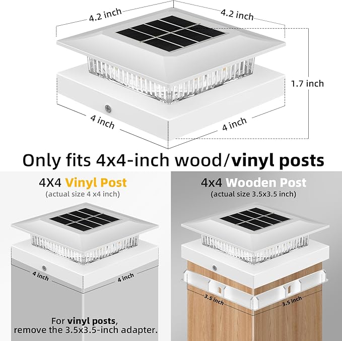 4x4 Solar Post Cap Lights 16 Pack, Fence Post Solar Lights with Warm White/Cool White, Only Fit 4x4 Wood/Vinyl Posts, Waterproof Outdoor Deck Post Light for Deck, Fence, Porch(White)