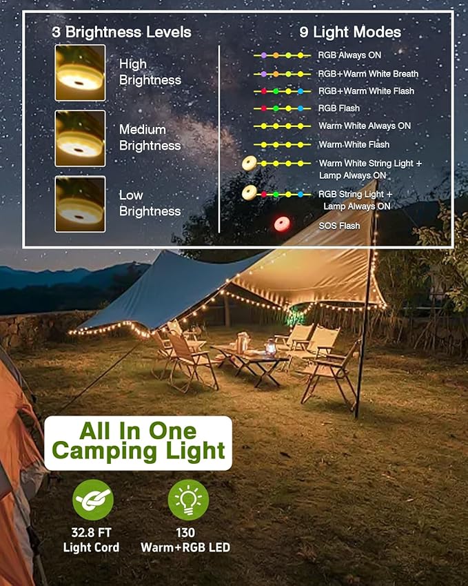 Camping String Lights, 32.8FT Warm & RGB Fairy String Lights 130LEDs, 4 In 1 Portable Waterproof Camping Light with 12 Modes, Hanging Tent Lanterns for Outdoor Hiking Yard Home Bedroom Decorations