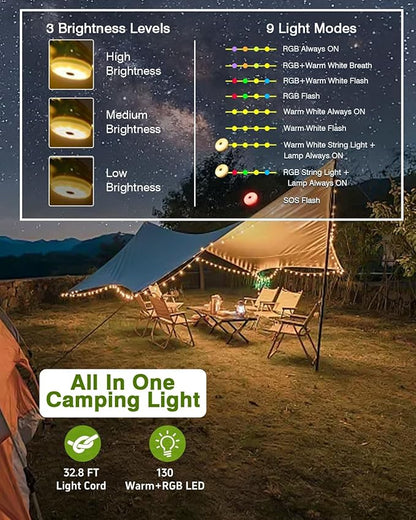 Camping String Lights, 32.8FT Warm & RGB Fairy String Lights 130LEDs, 4 In 1 Portable Waterproof Camping Light with 12 Modes, Hanging Tent Lanterns for Outdoor Hiking Yard Home Bedroom Decorations