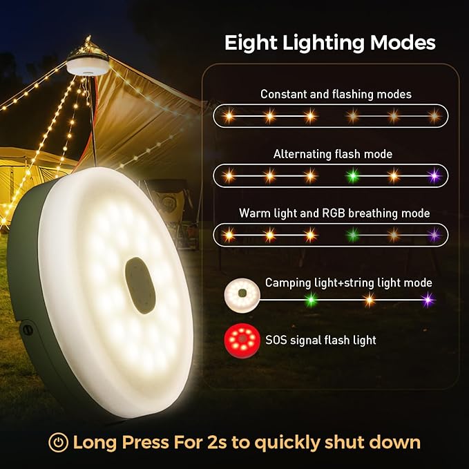 Camping String Lights, Camping Essentials Quick Storage 32.8FT Rechargeable Camping Lights String with 8 Modes, Hanging Waterproof Portable LED Lamp for Outdoor Patio Awning Garden Party Essentials