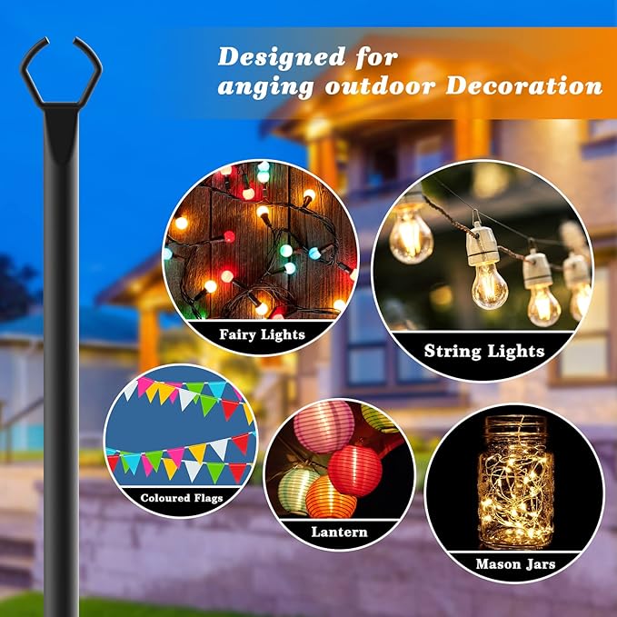 2 Pack String Light Poles,10 Ft Light Poles for Outside String Lights,Outdoor Lights Pole with Fork,Metal Poles Stand for Patio Deck Backyard