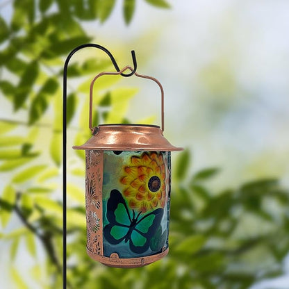 10" H Sunflower Butterfly Solar Lanterns Outdoor, Metal Glass Hanging Solar Lanterns with Hollow Out Retro Sunflower Lights, Decorative for Garden Yard Patio Pathway Tabletop Gifts