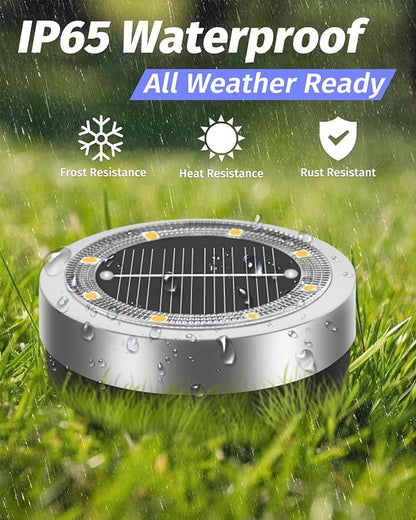 Mini Solar Ground Lights 2 Pack Outdoor IP65 Waterproof Solar Flat Garden Light Solor Powered Disc Pathway Lights for Outside Walkway Yard Landscape Patio Lawn Driveway-Warm White