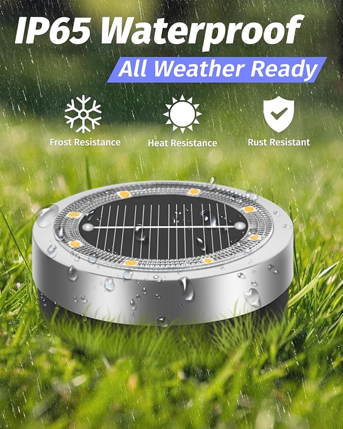 Mini Solar Ground Lights Outdoor 32 Pack Waterproof Upgraded Anti-Rust Solar Flat Garden Lights Stainless Steel Solor Powered Disc Landscape Light for Pathway Walkway Yard Lawn Patio-Warm White