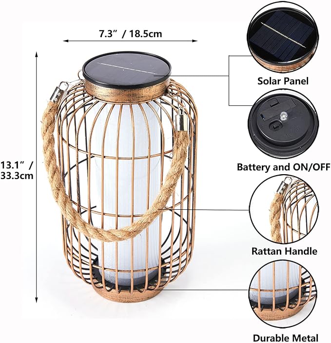 pearlstar Large Solar Powered Lantern Outdoor-Heavy Duty Metal Hanging Lights Decorative Solar Table Lamp Waterproof for Outside Patio Yard Garden Porch Tabletop Decor (Copper)