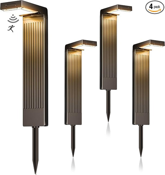 Solar Pathway Lights Outdoor 4Pack, 2 Color in 1 Motion Sensor Walkway Lights 400LM with Warm/Cool White, 12H Lasting, IP65 Waterproof Solar Powered Landscape Lighting for Garden, Yard