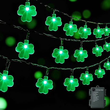 WATERGLIDE 1 Pack St. Patricks Day Shamrocks Lights, 50 LED Outdoor Decorative String Lights, Battery Operated Lucky Clover Light, 8 Lighting Modes & Timer, Waterproof for Party Garden Home Decor