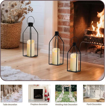 Set of 3 Decorative Lanterns (19"/16"/13") - Black Metal Indoor Outdoor Lanterns with Flickering LED Candles, Front Entrance Decor for Home Wedding Christmas