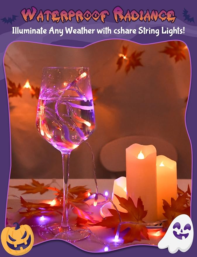 Halloween String Lights Battery Operated with Timer, Orange and Purple Fairy Lights Outdoor 9.8ft 30LED, Halloween Decorations for Party Yard Pathway Indoor Outdoor 2 Packs