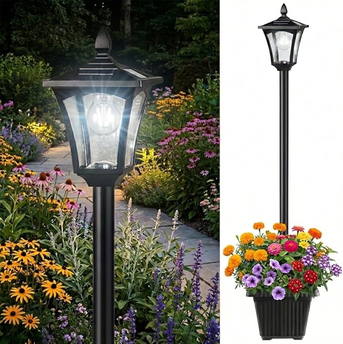 76" Solar Lamp Post Lights with Planter, Glass & Metal Street Light Outdoor Waterproof, 60 Lumens Dusk to Dawn Solar Pole Light for Garden, Yard, Driveway, Porch, Patio, Cool White