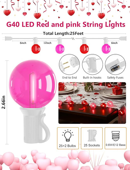 25FT G40 LED Outdoor Valentine's Day String Lights, Red and Pink Valentines Decorations Lights with 27 Shatterproof Globe Bulbs, Hanging Patio Lights for Home Balcony Backyard Garden Party Wedding