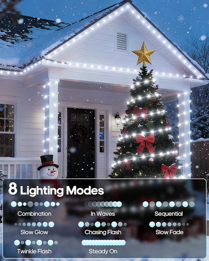ICRGB Solar Rope Lights, 66FT 200LED 1800mAh Outdoor Waterproof Solar Lights with Remote, IP67 String Light with Timing & 8 Modes for Garden Tree Pathway Yard Pool RV Christmas Decor, White