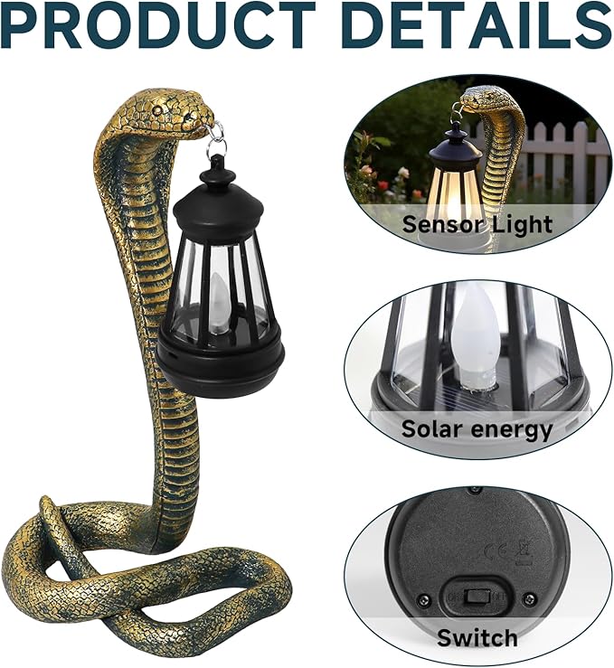 Solar Lantern Outdoor Snake Statues Garden Decoration, Yard Art Lawn Decor for Porch, Patio, Balcony, Housewarming Gifts for Birthday, Father's Day, Halloween(Bronze-Colored)