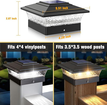 Solar Post Cap Lights Outdoor 6pack, Waterproof Fence Post Lights with 16 Ultra Bright LEDs Fit 4x4 Wood/Vinyl Posts, Black Deck Post Lights with Warm/Cool White for Garden, Patio, Porch, Yard