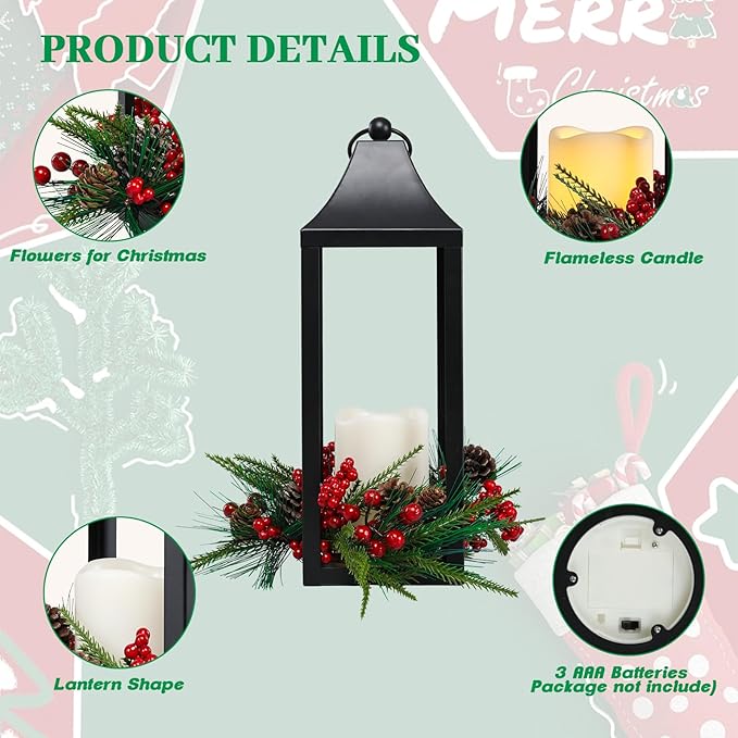 Christmas Lantern 16.2" Metal Outdoor Large Christmas Lanterns with LED Flameless Candle Hanging Lantern, Decorative Hanging Lanterns for Xmas Table Centerpieces, Front Porch, Indoor, Black