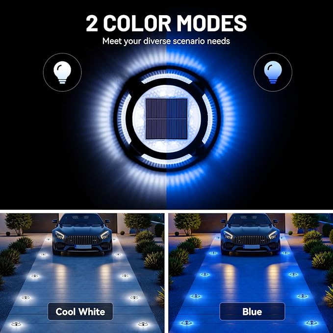 Solar Driveway Lights, 8 Pack Heavy Duty Driveway Lights Solar Powered 2 Color Mode (Cool White/Blue) IP68 Waterproof Outdoor Solar Deck Lights with Ground Stake for Pathway Garden Yard Walkway Dock