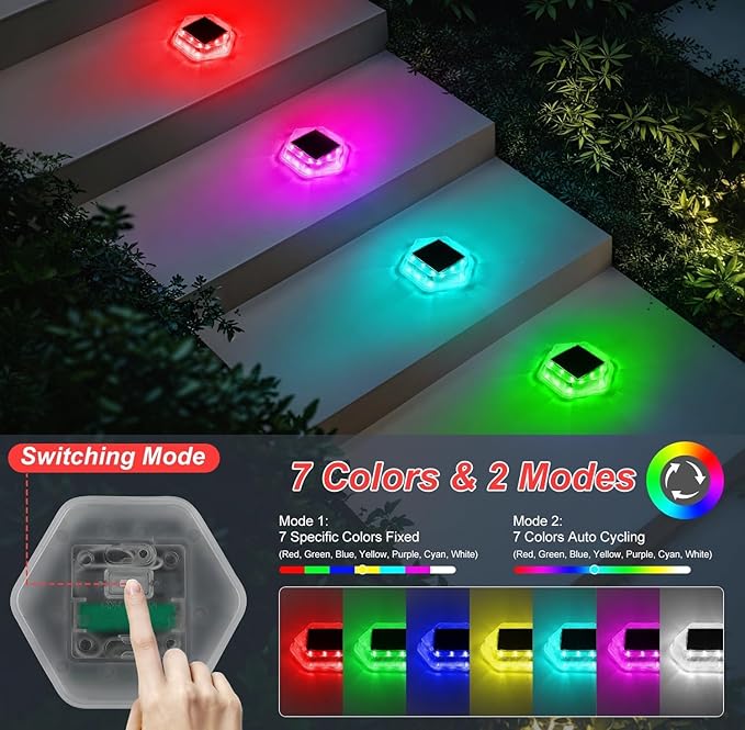 Solar Deck Dock Step Lights- 12 Packs Waterproof 1200mAh Auto ON/Off LED Solor Powered Stair Lights for Outdoor Garden, Patio, Pathway, Walkway, Driveway (Red & Green & Blue)