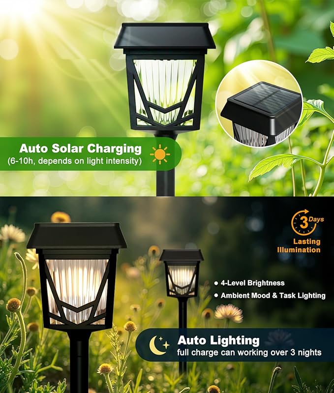 6-Pack Black Solar Path Lights, Outdoor Yard LED