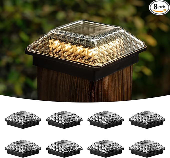 8-Pack Warm White Solar Yard Post Lights, Outdoor LED Caps