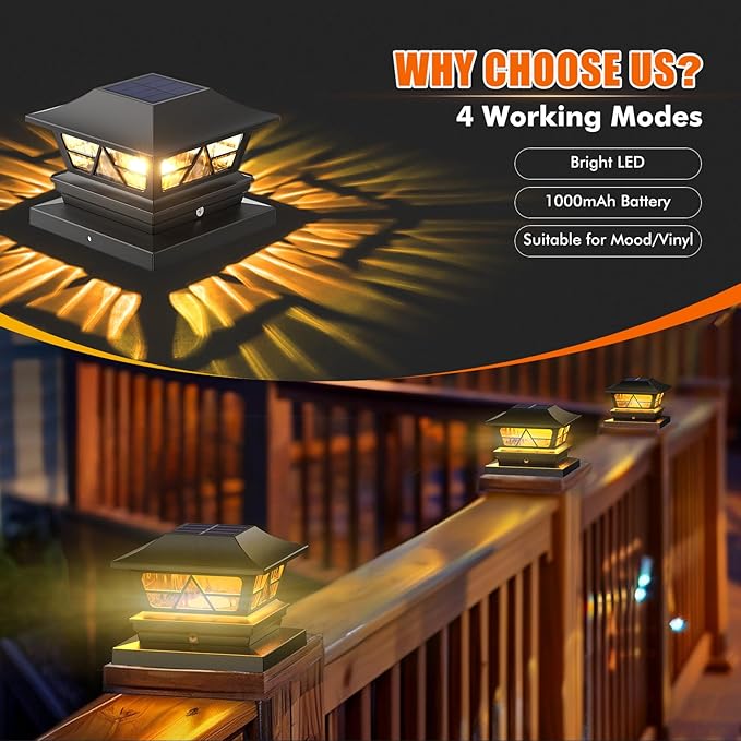 Viewsun Solar Post Lights Outdoor Waterproof RGB Color Changing Modes Fence Post Cap Lights, Deck Post Lights Solar Powered for 4x4 5x5 6x6 Wooden or Vinyl Yard Garden Patio Decor, Black(8 Pack)