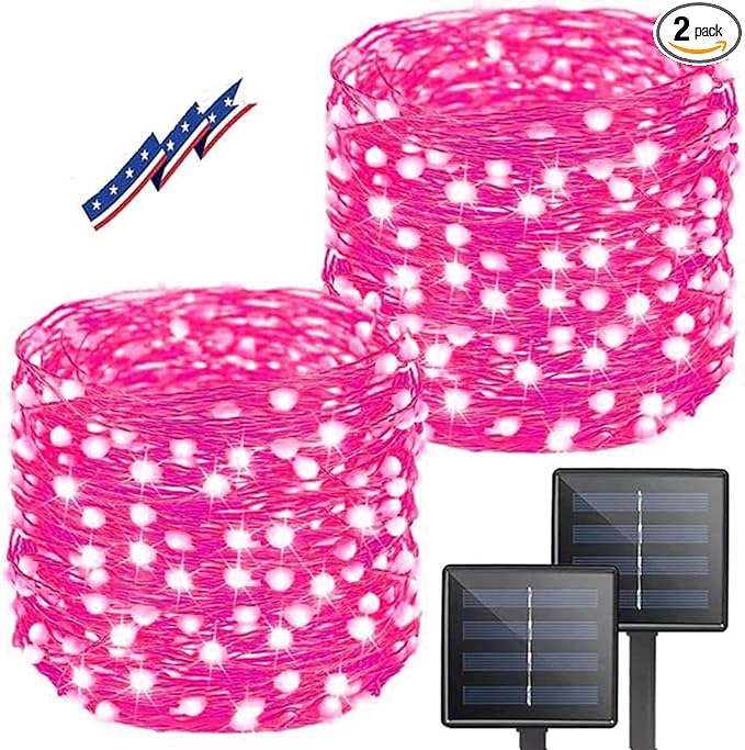Solar Pink Valentine String Lights Outdoor, 2-Pack Total 80FT 200 LED Solar Twinkle Lights Outside Waterproof Copper Wire 8 Modes Fairy Lights for Garden Tree Party Birthday Xmas Valentines Day Decor